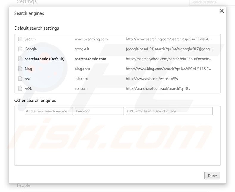 Removing searchatomic.com from Google Chrome default search engine