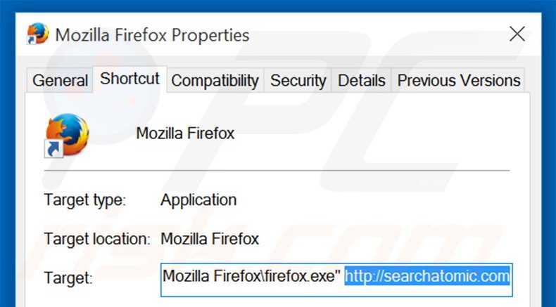 Removing searchatomic.com from Mozilla Firefox shortcut target step 2