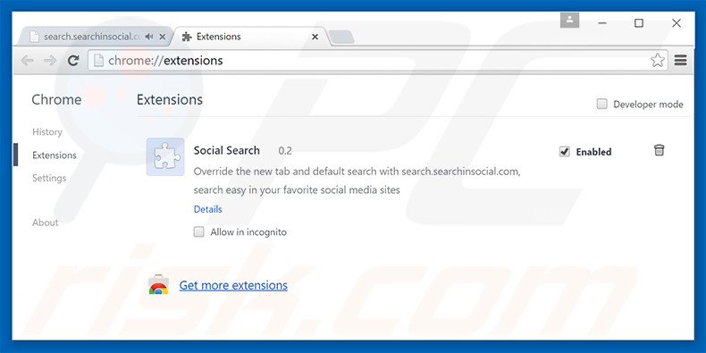 Removing search.searchinsocial.com related Google Chrome extensions