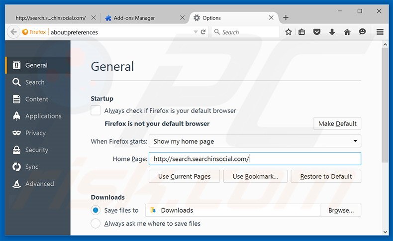 Removing search.searchinsocial.com from Mozilla Firefox homepage