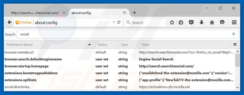 Removing search.searchinsocial.com from Mozilla Firefox default search engine