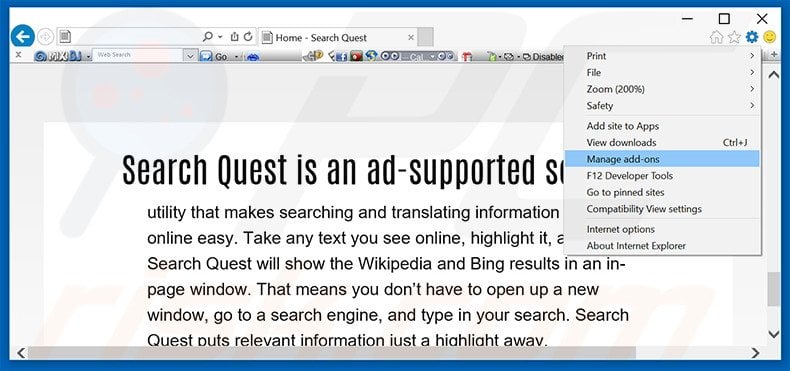 Removing SearchQuest ads from Internet Explorer step 1