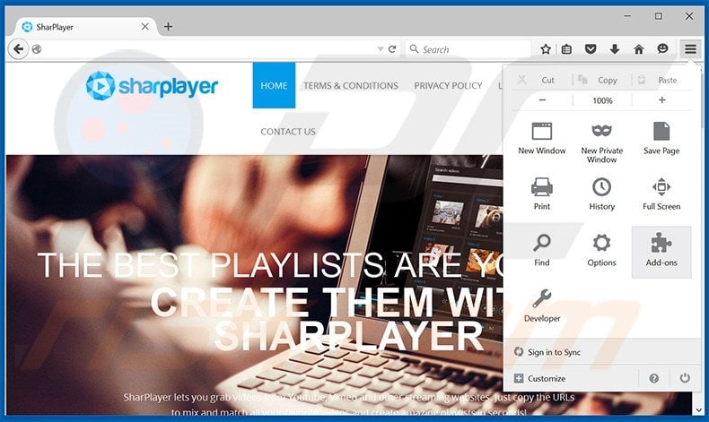 Removing SharPlayer ads from Mozilla Firefox step 1