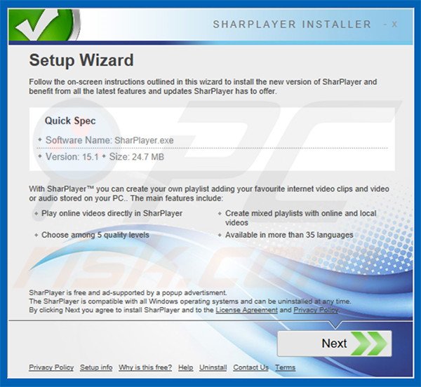 Official SharPlayer adware installation setup