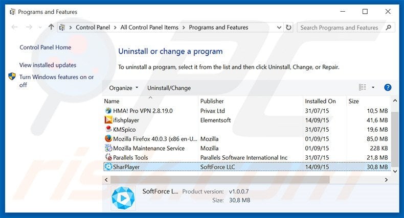 SharPlayer adware uninstall via Control Panel