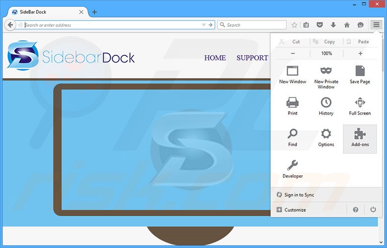 Removing Sidebar Dock ads from Mozilla Firefox step 1