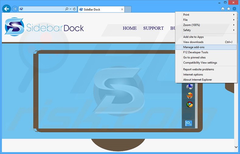 Removing Sidebar Dock ads from Internet Explorer step 1