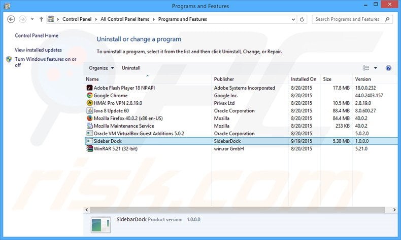 Sidebar Dock adware uninstall via Control Panel