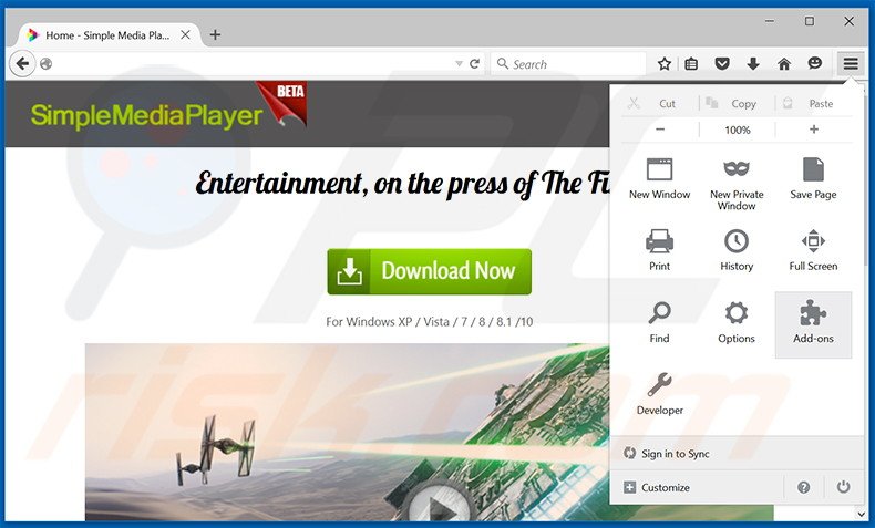 Removing Simple Media Player ads from Mozilla Firefox step 1