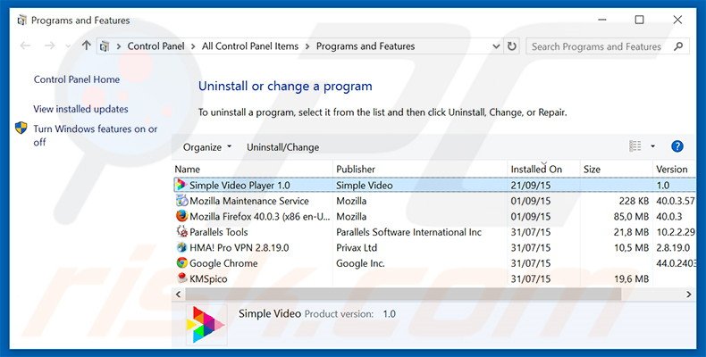 Simple Media Player adware uninstall via Control Panel