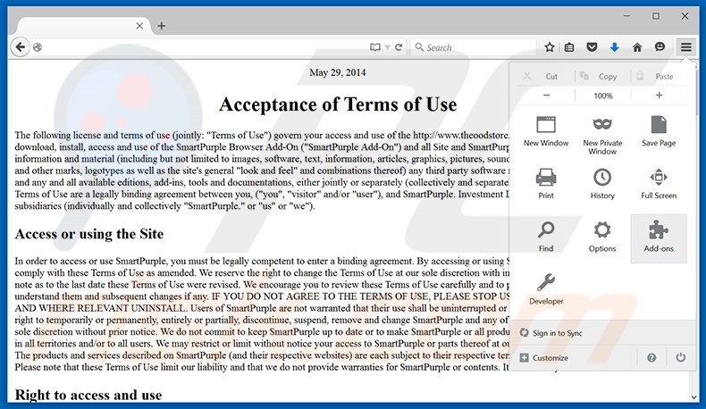 Removing SmartPurple ads from Mozilla Firefox step 1