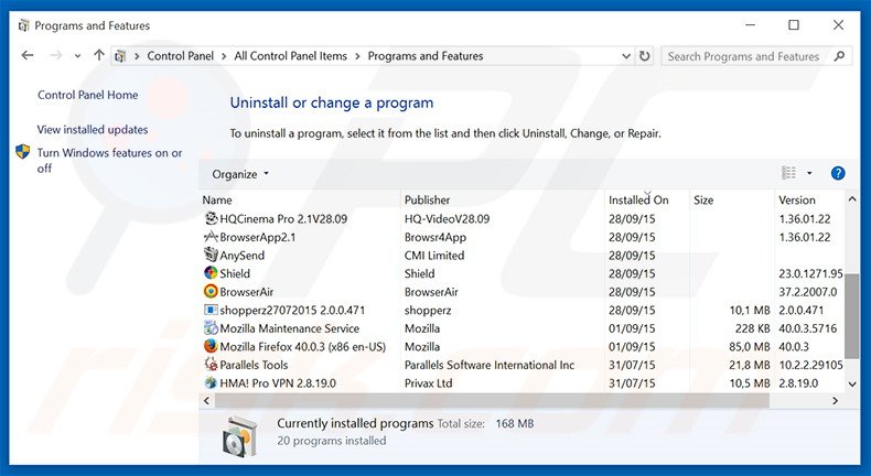 SmartPurple adware uninstall via Control Panel