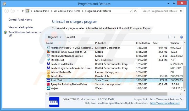 sonic train adware uninstall via Control Panel