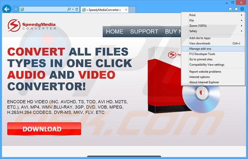 Removing Speedy Media Converter ads from Internet Explorer step 1