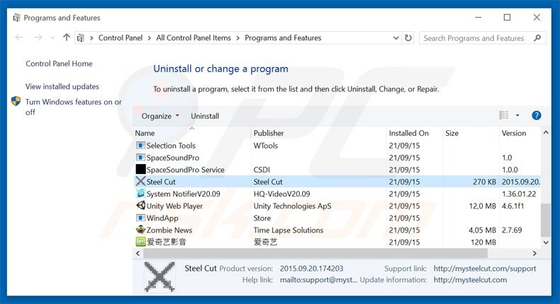 steel cut adware uninstall via Control Panel