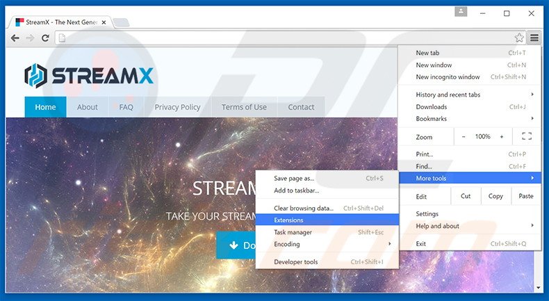 Removing StreamX  ads from Google Chrome step 1
