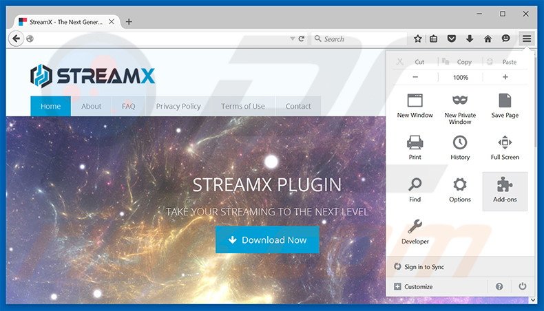 Removing StreamX ads from Mozilla Firefox step 1