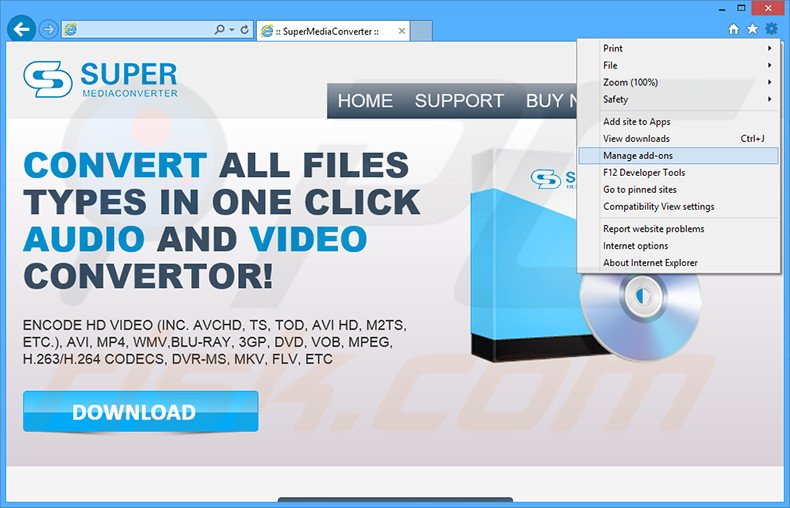 Removing Super Media Converter ads from Internet Explorer step 1