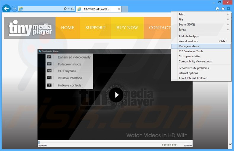 Removing Tiny Media Player ads from Internet Explorer step 1