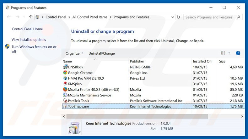 TopShape.me adware uninstall via Control Panel