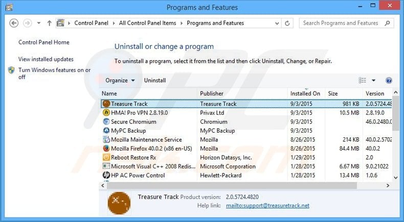 treasure track adware uninstall via Control Panel