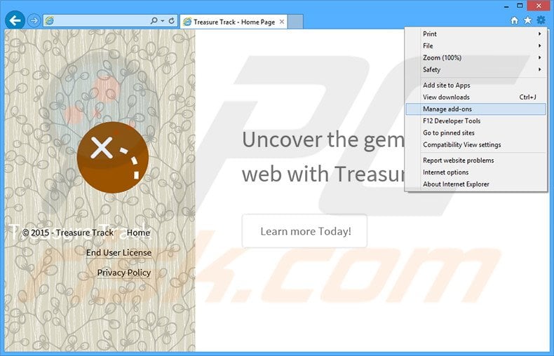 Removing Treasure Track ads from Internet Explorer step 1