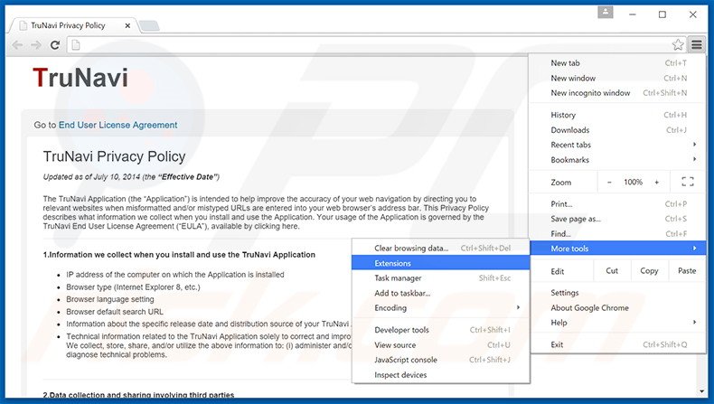 Removing TruNavi  ads from Google Chrome step 1