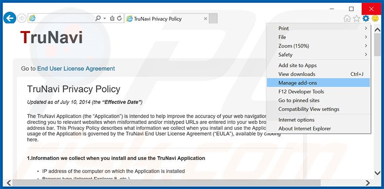 Removing TruNavi ads from Internet Explorer step 1