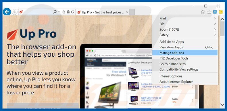 Removing Up Pro ads from Internet Explorer step 1