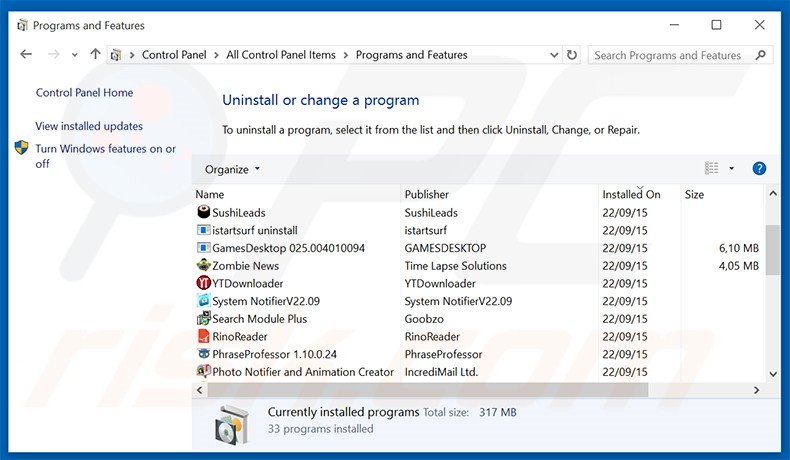 Up Pro adware uninstall via Control Panel