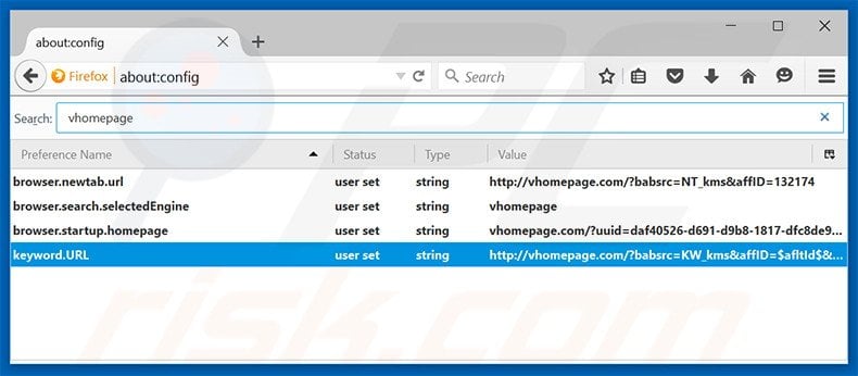 Removing vhomepage.com from Mozilla Firefox default search engine