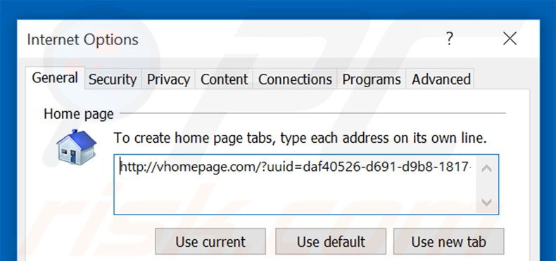Removing vhomepage.com from Internet Explorer homepage