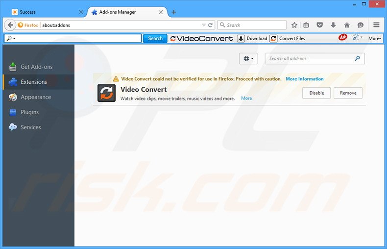 Removing Video Convert related Mozilla Firefox extensions