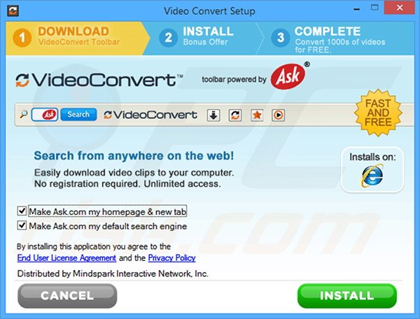 Official Video Convert browser hijacker installation setup