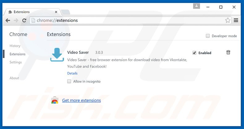 Removing Video Saver ads from Google Chrome step 2