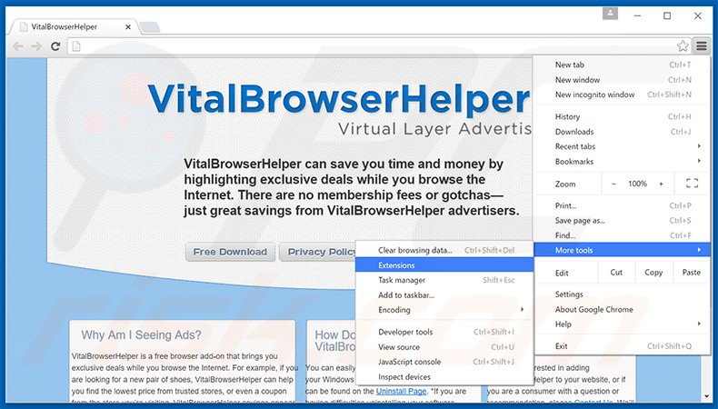 Removing Vital Browser Helper  ads from Google Chrome step 1