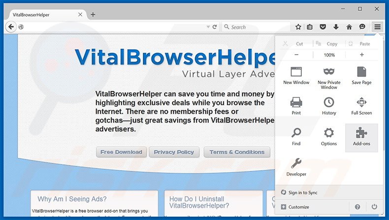 Removing Vital Browser Helper ads from Mozilla Firefox step 1