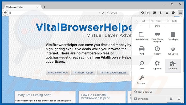 Removing Vital Browser Helper ads from Mozilla Firefox step 1