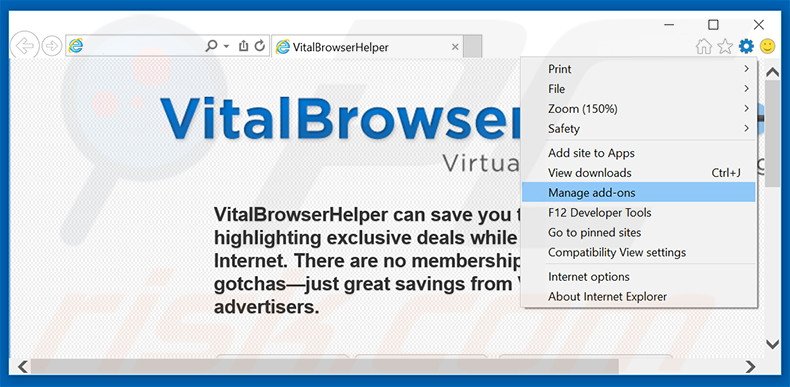 Removing Vital Browser Helper ads from Internet Explorer step 1