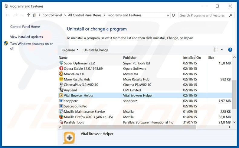 Vital Browser Helper adware uninstall via Control Panel