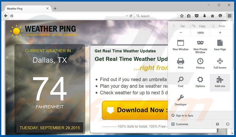 Removing Weatherping ads from Mozilla Firefox step 1