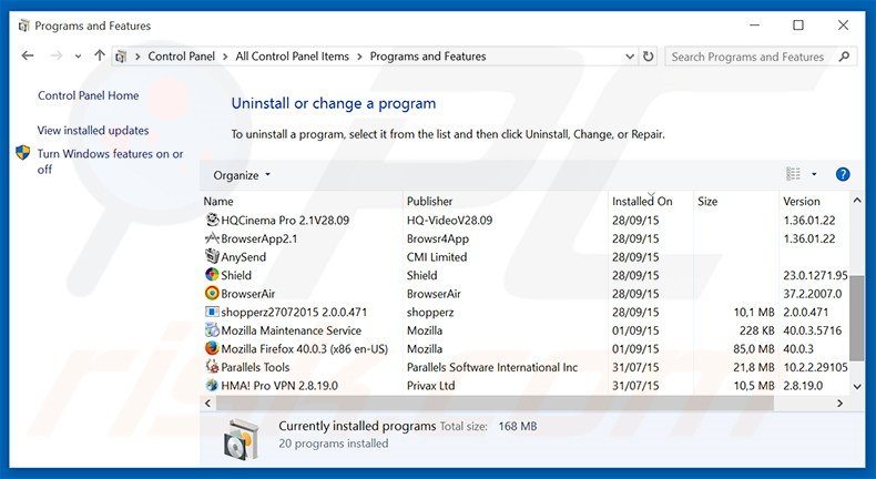 Weatherping adware uninstall via Control Panel