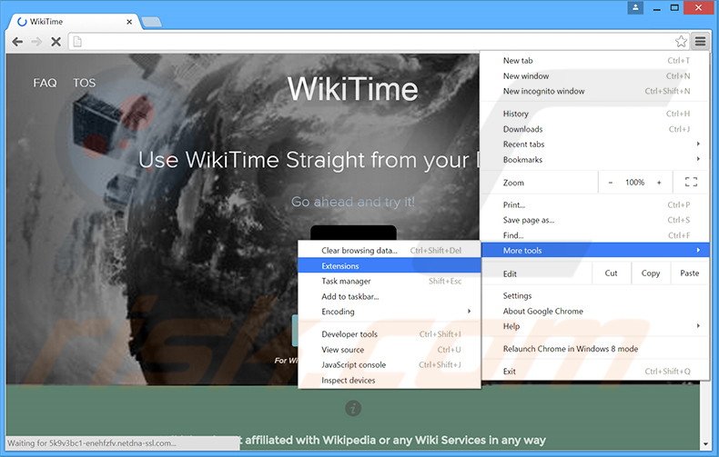 Removing WikiTime  ads from Google Chrome step 1
