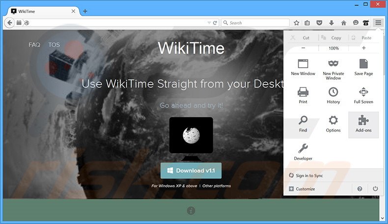 Removing WikiTime ads from Mozilla Firefox step 1