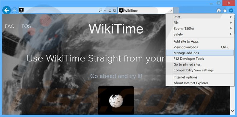 Removing WikiTime ads from Internet Explorer step 1