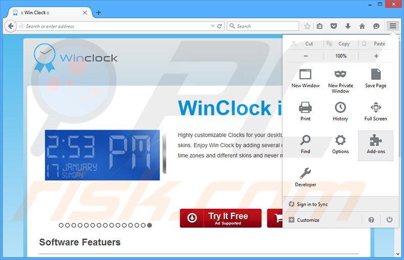 Removing WinClock ads from Mozilla Firefox step 1