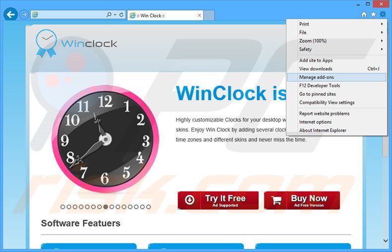 Removing WinClock ads from Internet Explorer step 1