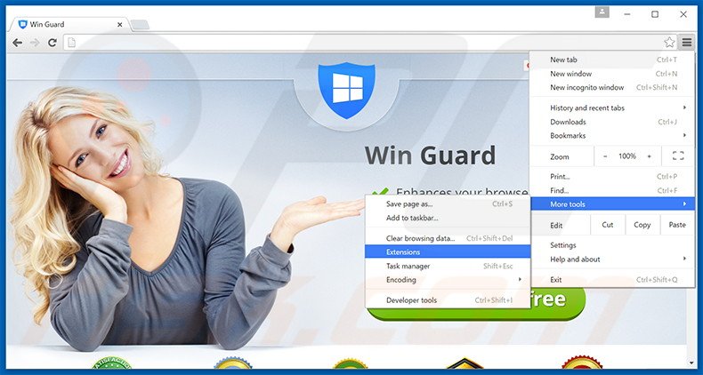 Removing Win Guard  ads from Google Chrome step 1