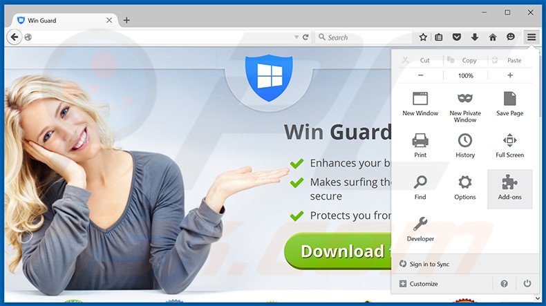 Removing Win Guard ads from Mozilla Firefox step 1