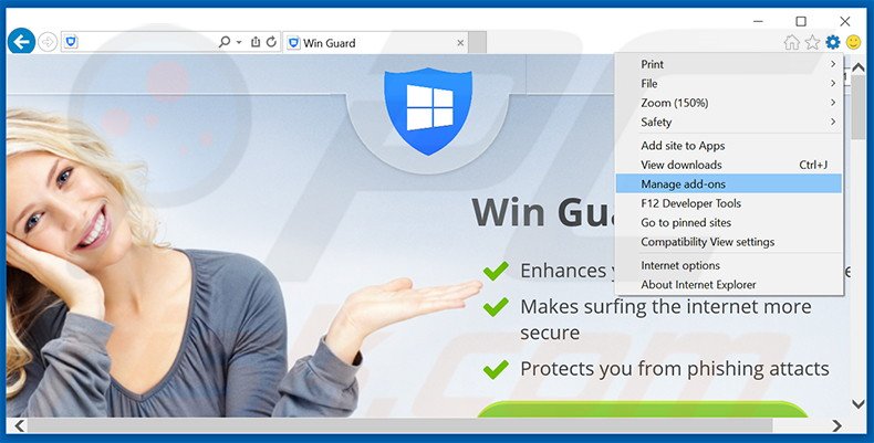 Removing Win Guard ads from Internet Explorer step 1